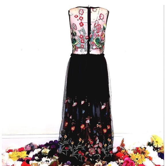 L'Atiste by Amy Floral Embroidered Mesh Midi Dress Gown Homecoming Prom Black S - Picture 2 of 8